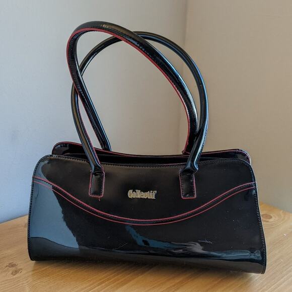 Collectif London 1950s Inspired Black Patent Leather Top Handle Barrel Bag Purse - Picture 2 of 12